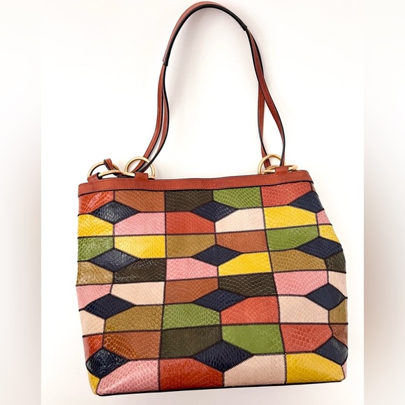 TORY BURCH || Farrah Leather Snakeskin Patchwork Multicolored Shoulder Bag - Picture 4 of 12